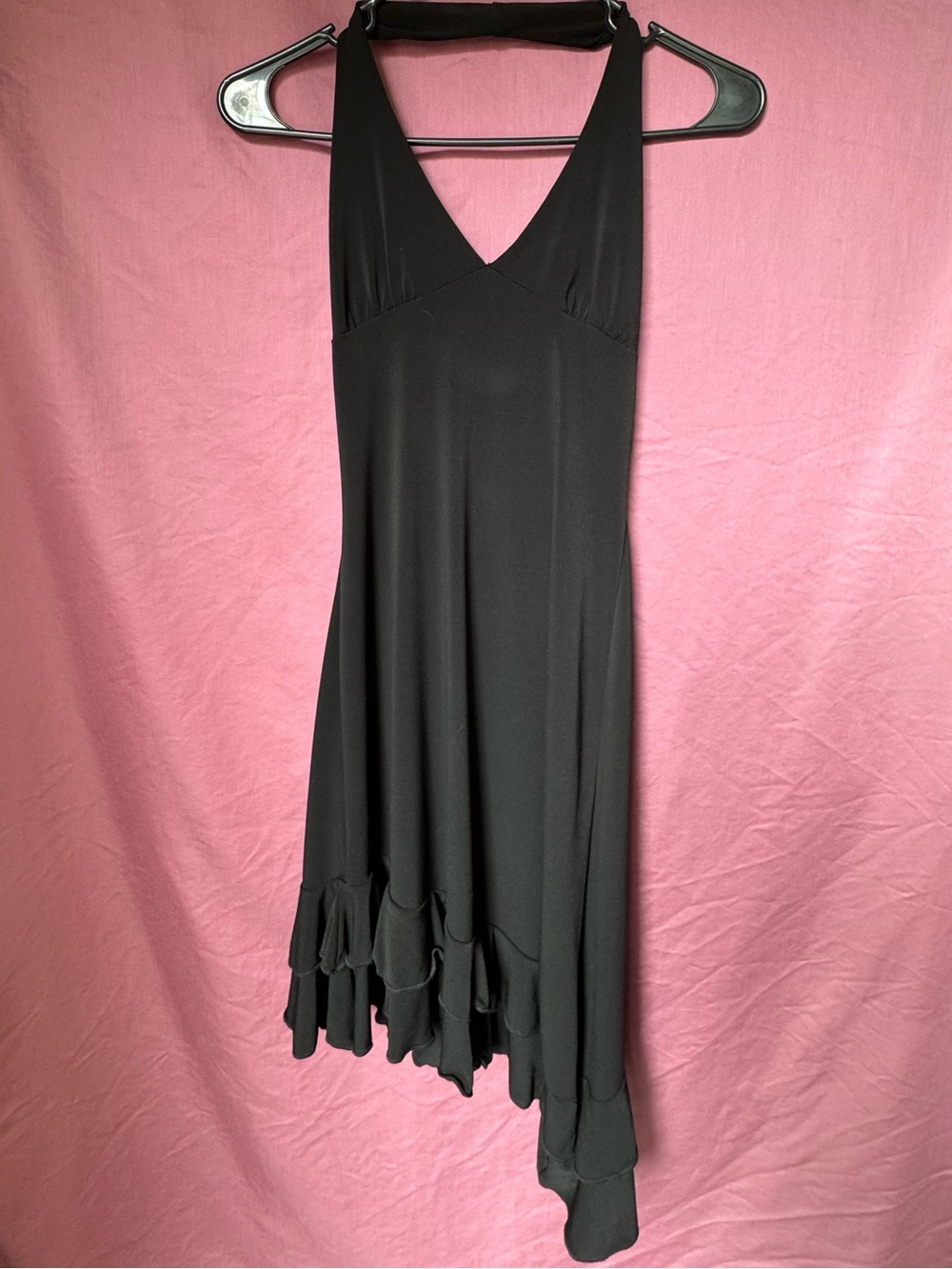 Lipstick Vintage Black Asymmetrical Halter Midi Dress with Ruffle Hem